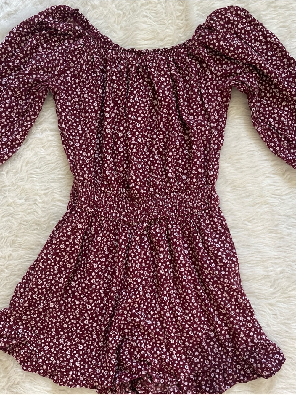 Hollister Burgundy and White Floral romper with Elastic Neckline
